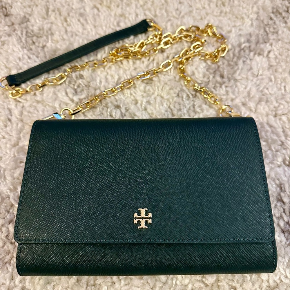 Tory Burch Chain Wallet Crossbody Dark Green And Gold